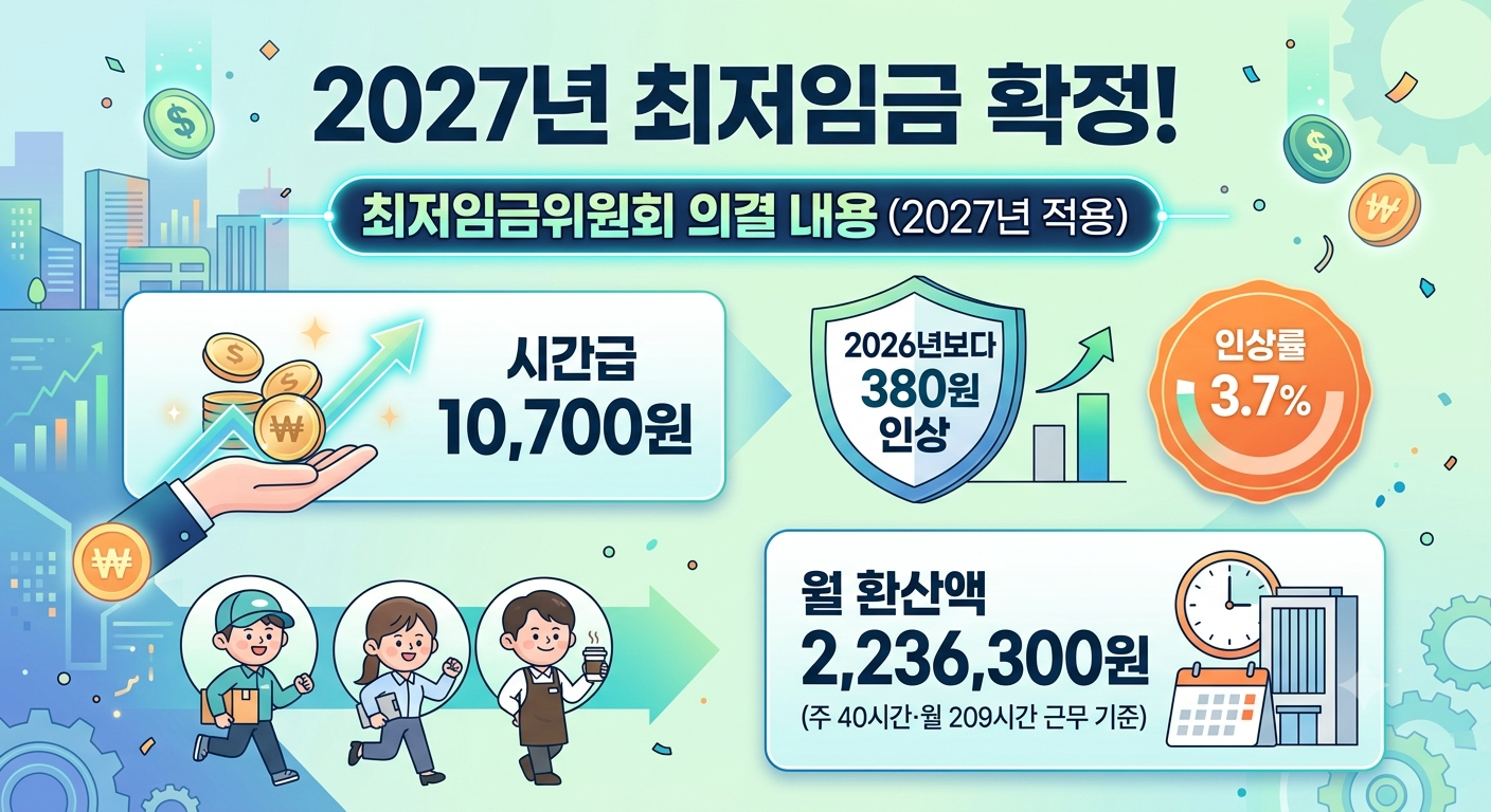 2027 최저임금 확정! 시급 10,700원 인상…월급과 주휴수당까지 한눈에 정리